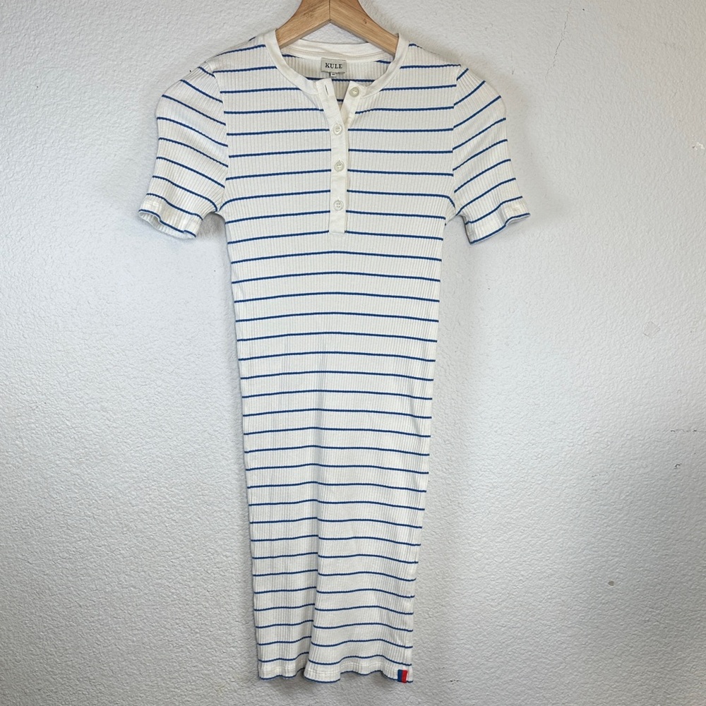 Kule Berri Dress Cream Blue Ribbed Striped Mini Womens XS Stretchy - Picture 2 of 10